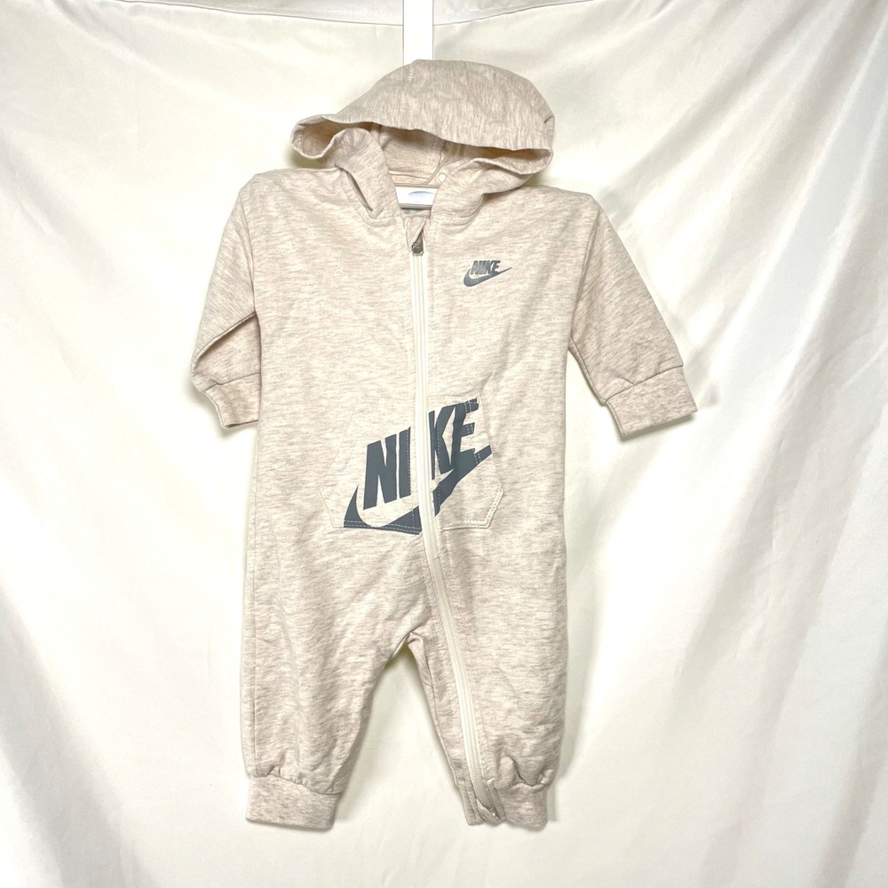 Nike Baby Boys 6M One Piece Hooded Outfit Bodysuit Tan Zipper Gray Logo Sport.